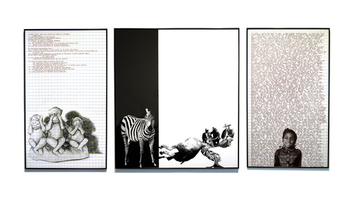 Adrian Piper. Decide Who You Are #1: Skinned Alive. 1992. Screenprinted images and text on three sheets of paper, mounted on foam core 72 × 42 in. (182.8 × 106.7 cm); 72 × 63 in. (182.8 × 160 cm); and 72 × 42 in. (182.8 × 106.7 cm). Collection Margaret and Daniel S. Loeb. © Adrian Piper Research Archive Foundation Berlin