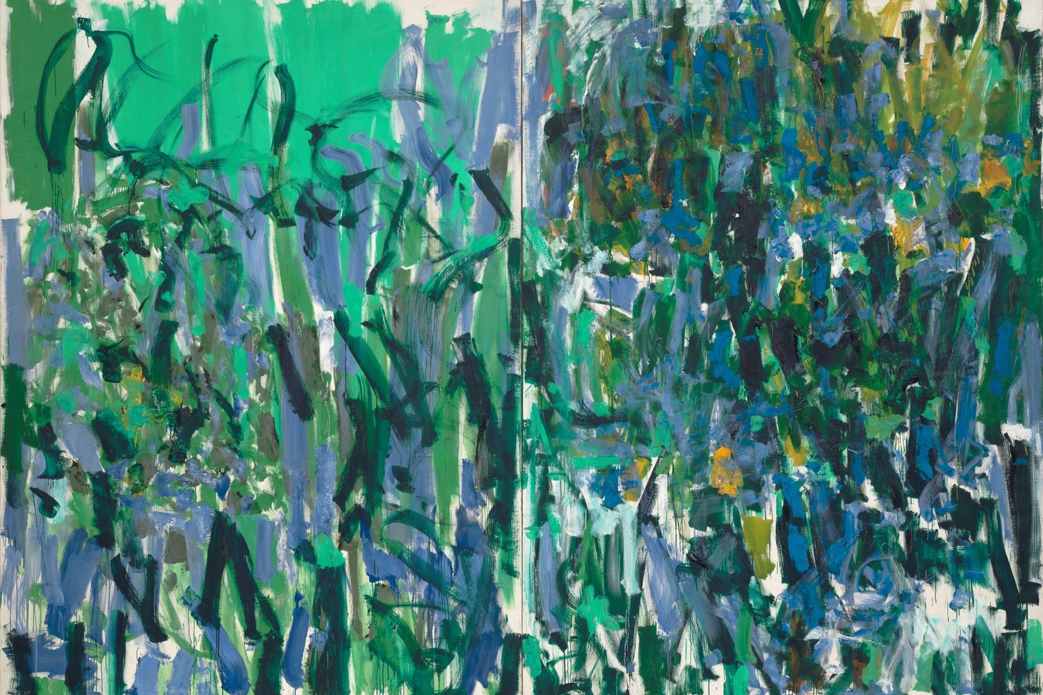 Joan Mitchell. No Rain. 1976. Oil on canvas, two panels, 9' 2" x 13' 1 /58" (279.5 x 400.4 cm). Gift of The Estate of Joan Mitchell. © Estate of Joan Mitchell
