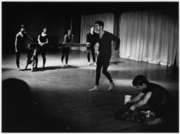 Peter Moore’s photograph of Terrain, 1963. Performed at Judson Memorial Church, April 28, 1963. Pictured, from left: William Davis and Albert Reid (foreground); Yvonne Rainer, Judith Dunn, Trisha Brown, and Steve Paxton (background). © Barbara Moore/Licensed by VAGA, New York, NY. Courtesy Paula Cooper Gallery, New York