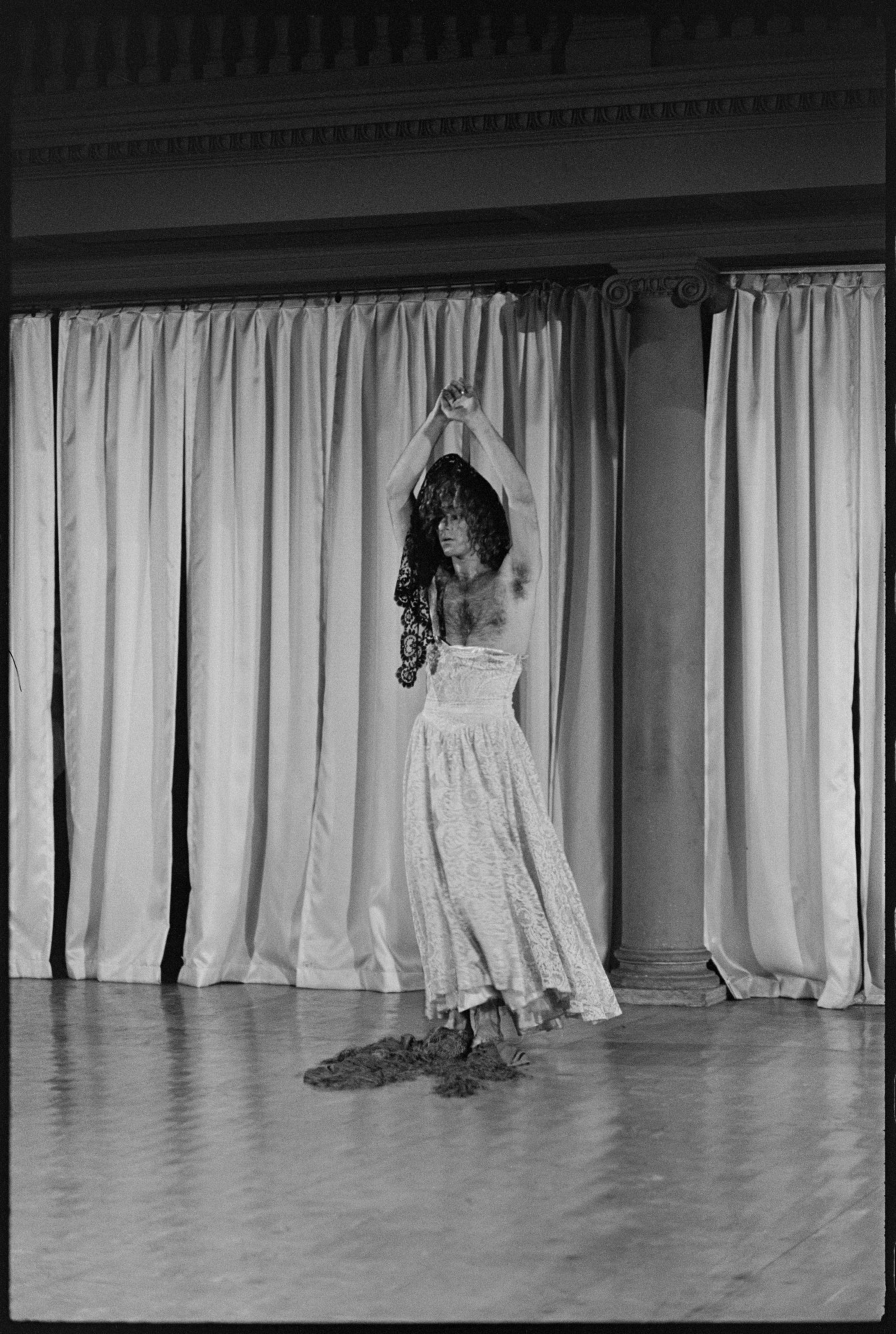 Al Giese’s photograph of David Gordon in Gordon’s _Random Breakfast_. Performed at _Concert of Dance #7_, Judson Memorial Church, June 24, 1963. © Estate of Al Giese/Licensed by VAGA, New York, NY