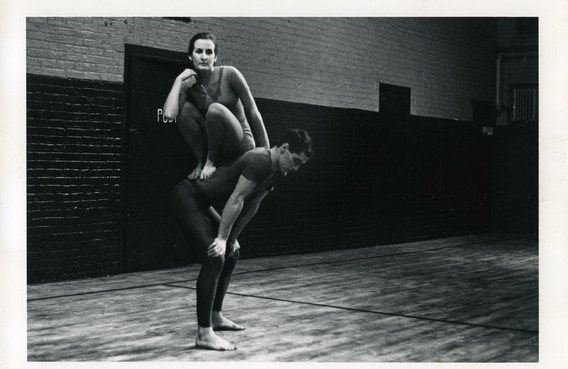 Peter Moore’s photograph of Trisha Brown and Steve Paxton in Brown’s Lightfall. Performed at Concert of Dance #4, Judson Memorial Church, January 30, 1963. © Barbara Moore/Licensed by VAGA, New York, NY. Courtesy Paula Cooper Gallery, New York