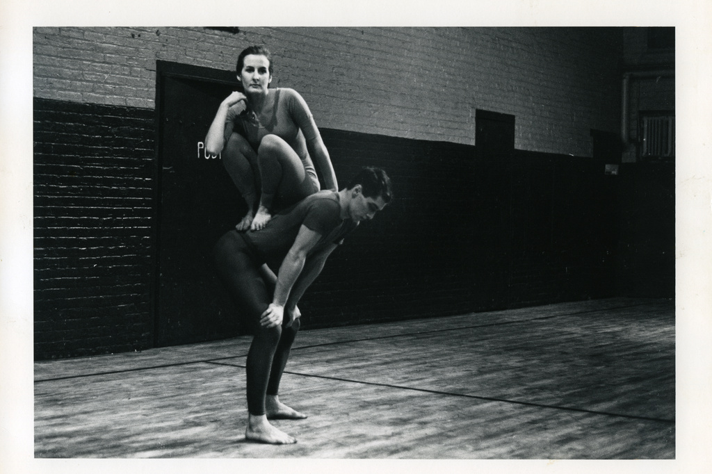 Peter Moore’s photograph of Trisha Brown and Steve Paxton in Brown’s Lightfall. Performed at Concert of Dance #4, Judson Memorial Church, January 30, 1963. © Barbara Moore/Licensed by VAGA, New York, NY. Courtesy Paula Cooper Gallery, New York