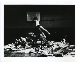 Al Giese’s photograph of Ruth Emerson in Carolee Schneemann’s Newspaper Event. Performed at Concert of Dance #3, Judson Memorial Church, January 29, 1963. © Estate of Al Giese/Licensed by VAGA, New York, NY. Courtesy of Carolee Schneemann, Galerie Lelong & Co., and P•P•O•W, New York