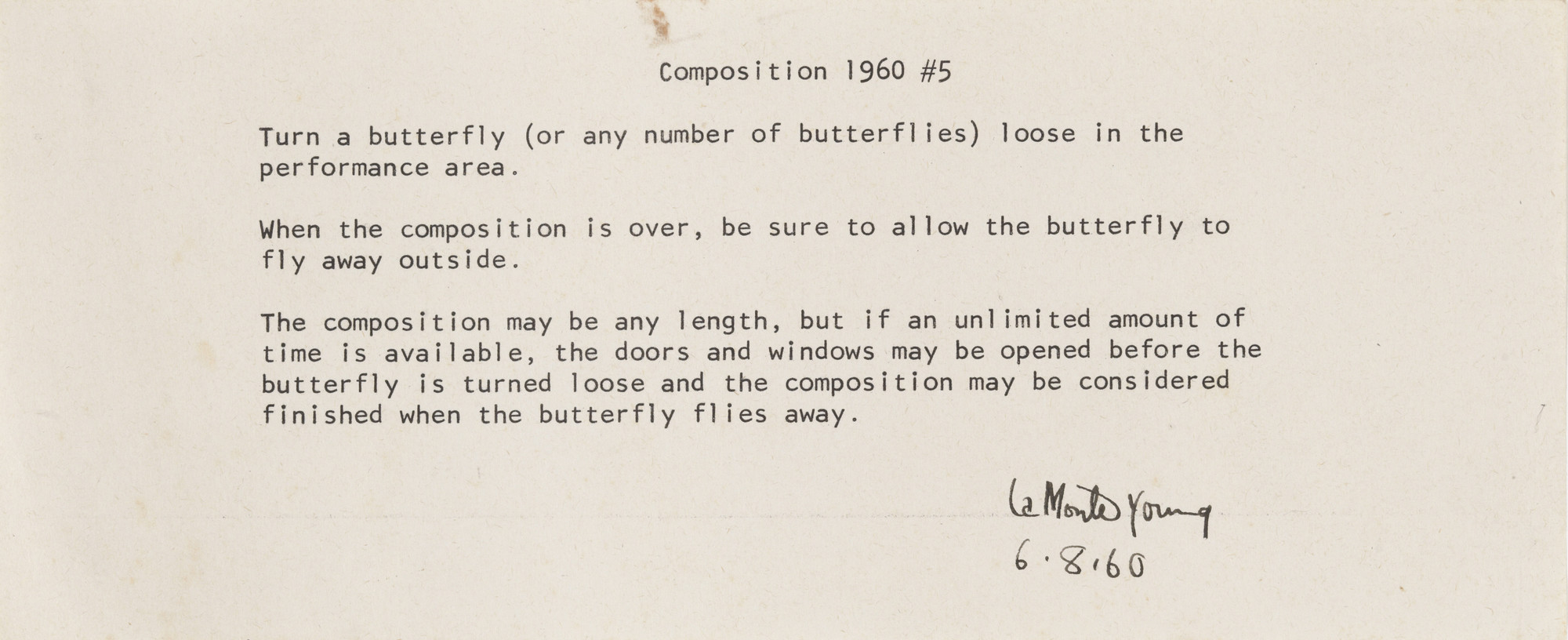 La Monte Young. _“Composition 1960 #5”_ (June 8), 1960. Mimeograph. The Gilbert and Lila Silverman Fluxus Collection Gift