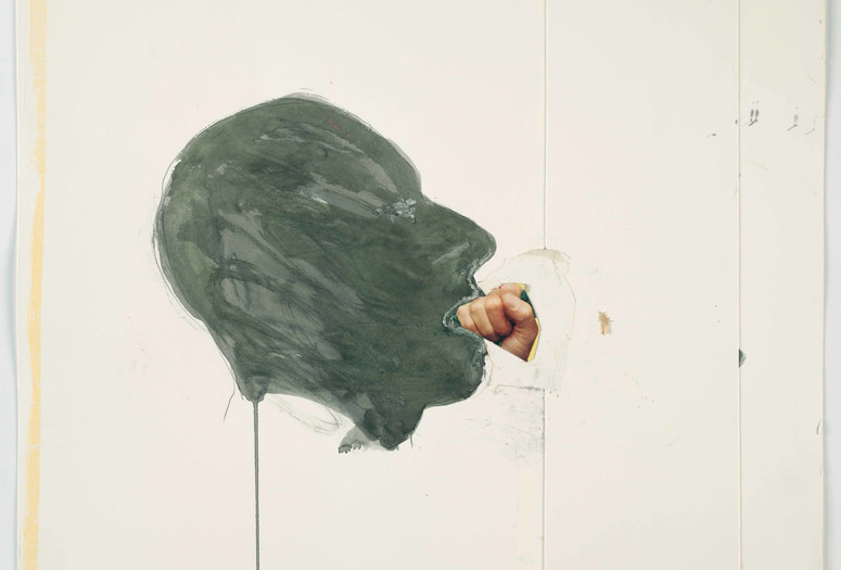 Bruce Nauman. Fist in Mouth. 1990. Cut-and-pasted printed paper and paper with watercolor and pencil on paper, 20 1/4 x 23 3/4" (51.4 x 60.3 cm). The Museum of Modern Art, New York. Purchased with funds given by Edward R. Broida. © 2017 Bruce Nauman/Artists Rights Society (ARS), New York