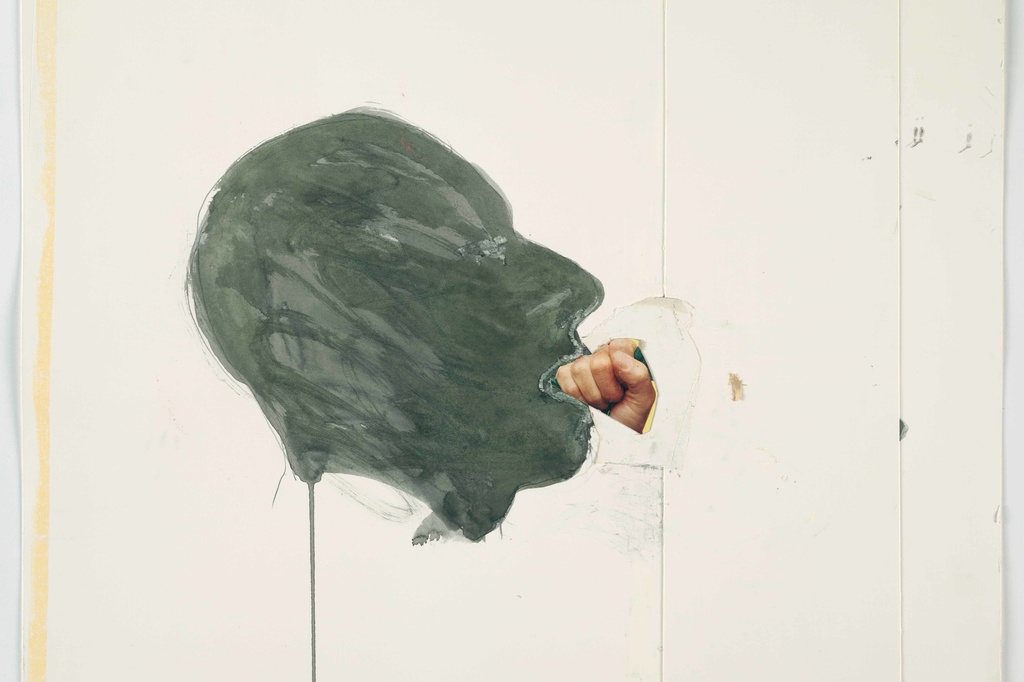 Bruce Nauman. Fist in Mouth. 1990. Cut-and-pasted printed paper and paper with watercolor and pencil on paper, 20 1/4 x 23 3/4" (51.4 x 60.3 cm). The Museum of Modern Art, New York. Purchased with funds given by Edward R. Broida. © 2017 Bruce Nauman/Artists Rights Society (ARS), New York