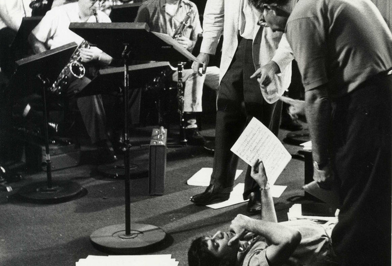 Conductor Lou Brown, Jerry Lewis, and producer Ernest Glucksman, scoring session for The Nutty Professor, 1963. Photo: Bud Fraker. Courtesy Chris Lewis