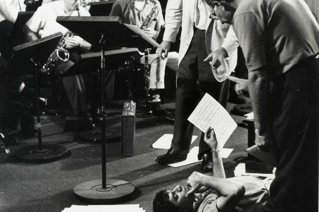 Conductor Lou Brown, Jerry Lewis, and producer Ernest Glucksman, scoring session for The Nutty Professor, 1963. Photo: Bud Fraker. Courtesy Chris Lewis