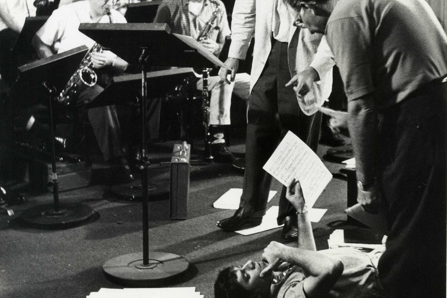 Conductor Lou Brown, Jerry Lewis, and producer Ernest Glucksman, scoring session for The Nutty Professor, 1963. Photo: Bud Fraker. Courtesy Chris Lewis