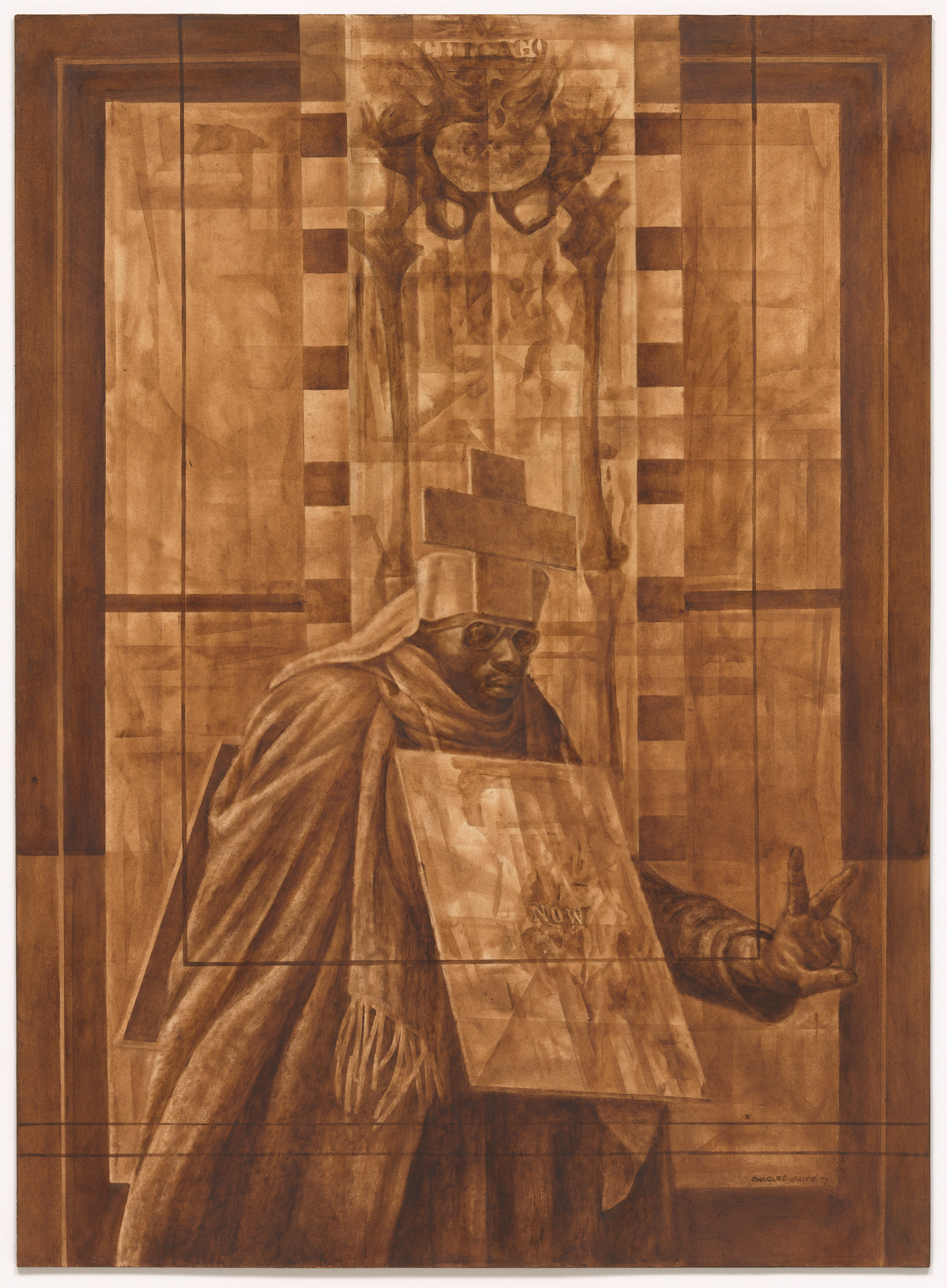 Charles White. _Black Pope (Sandwich Board Man)_. 1973. Oil wash on board, 60 x 43 7/8 (152.4 x 111.4 cm). The Museum of Modern Art, New York. Richard S. Zeisler Bequest (by exchange), The Friends of Education of The Museum of Modern Art, Committee on Drawings Fund, and Agnes Gund. © The Charles White Archives/ Digital Image © The Museum of Modern Art/ Licensed by SCALA/Art Resource, NY