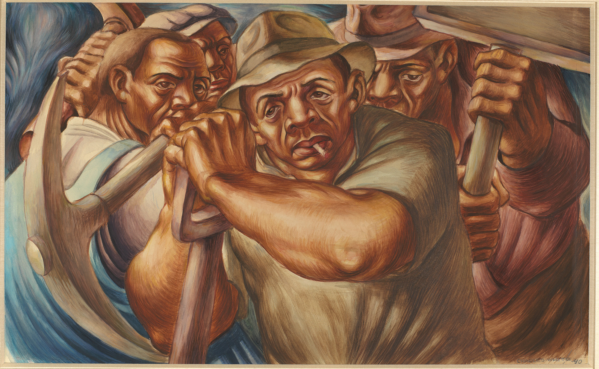 Charles White. _Untitled (Four Workers)_. 1940. Tempera on paperboard. 20 × 30" (50.8 × 76.2 cm). Private collection. © The Charles White Archives/ Photo: Jamie Stukenberg, Professional Graphics, Inc. 