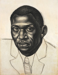 Charles White. Paul Robeson (Study for Contribution of the Negro to Democracy in America). 1942-43. Carbon pencil over charcoal, with additions and corrections in white gouache, and border in carbon pencil, on cream drawing board. 24 7/8 × 19 1/16" (63.2 × 48.4 cm). Princeton University Art Museum. Museum purchase, Kathleen Compton Sherrerd Fund for Acquisitions in American Art. © The Charles White Archives/ Photo: Art Resource, NY