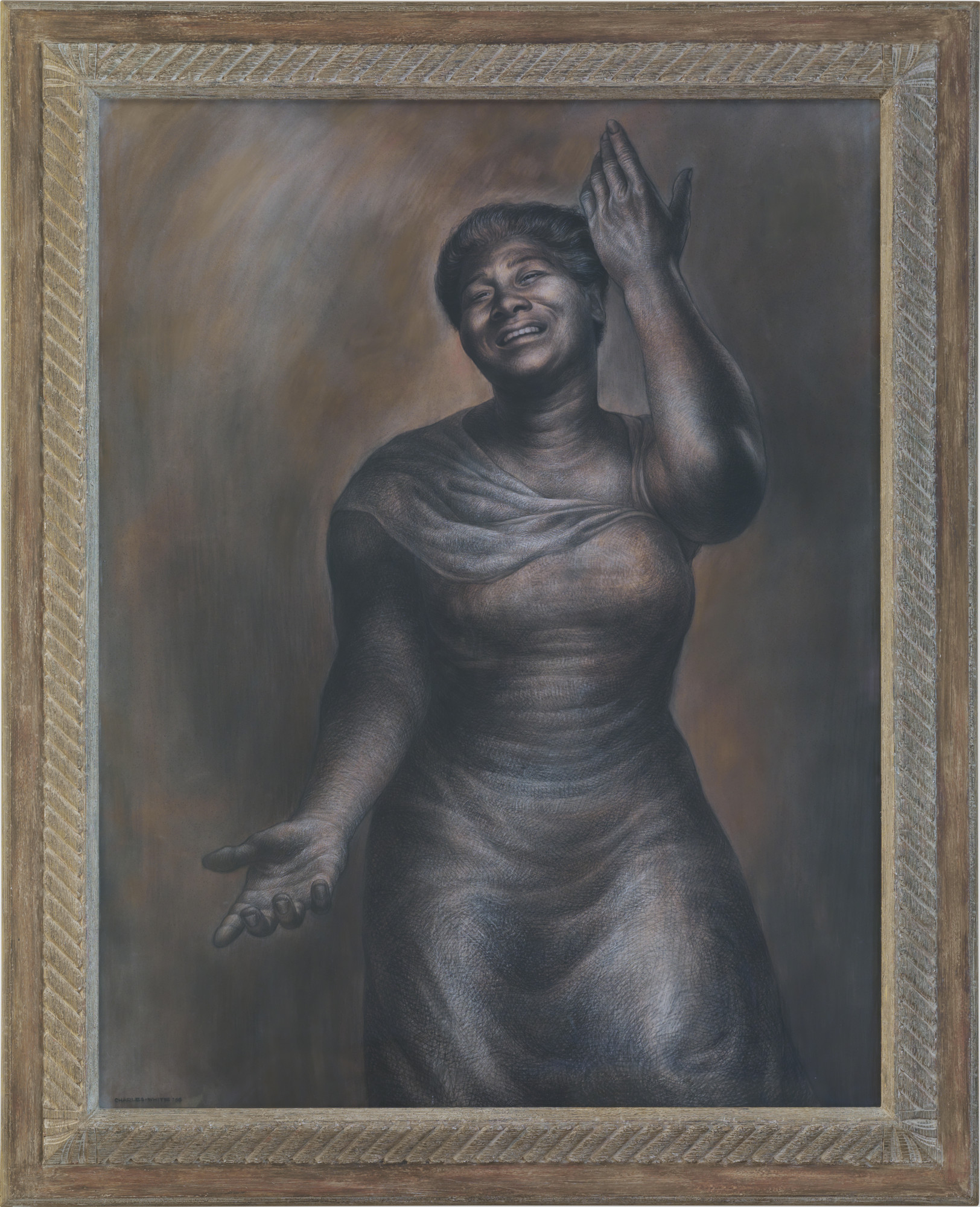 Charles White. _Mahalia_. 1955. Charcoal and Conté crayon on board, 50 x 42" (126.6 x 106.7 cm). Collection Pamela and Harry Belafonte. © The Charles White Archives/ Photo: Christopher Burke Studio