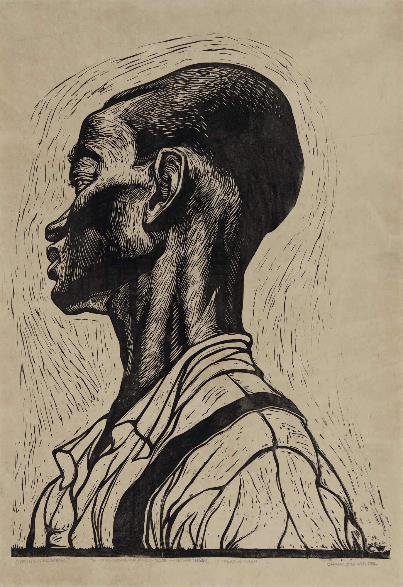 Charles White. _Young Farmer_. 1953. Linoleum cut. 28 3/4 x 19 13/16" (73 x 50.4 cm). Museum of Fine Arts, Boston. Lee M. Friedman Fund and The Heritage Fund for a Diverse Collection. © The Charles White Archives/ Photo © 2018 Museum of Fine Arts, Boston
