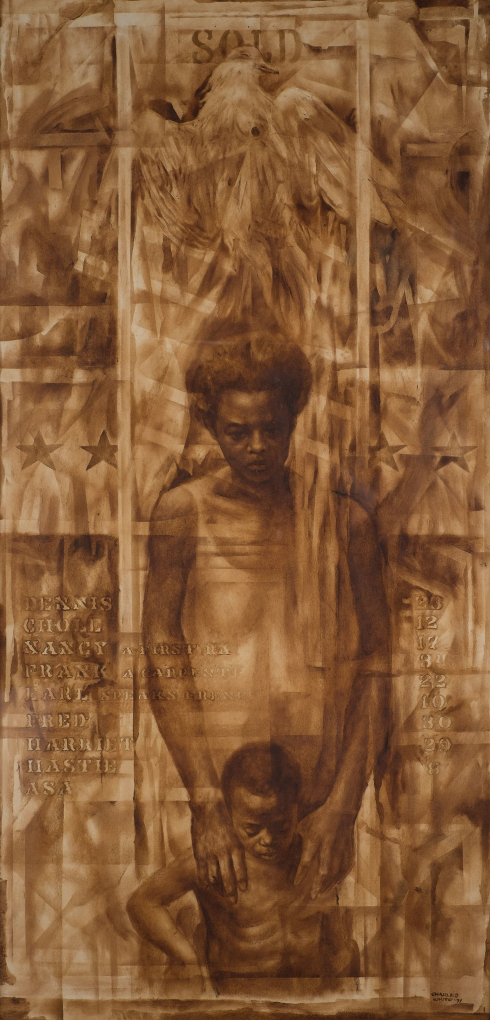 Charles White. _Wanted Poster Series #17_. 1971. Oil wash and pencil on poster board. 60 × 30" (152.4 × 76.2 cm). Collection of the Flint Institute of Arts, Flint, Michigan, Gift of Mr. and Mrs. B. Morris Pelavin. © The Charles White Archives
