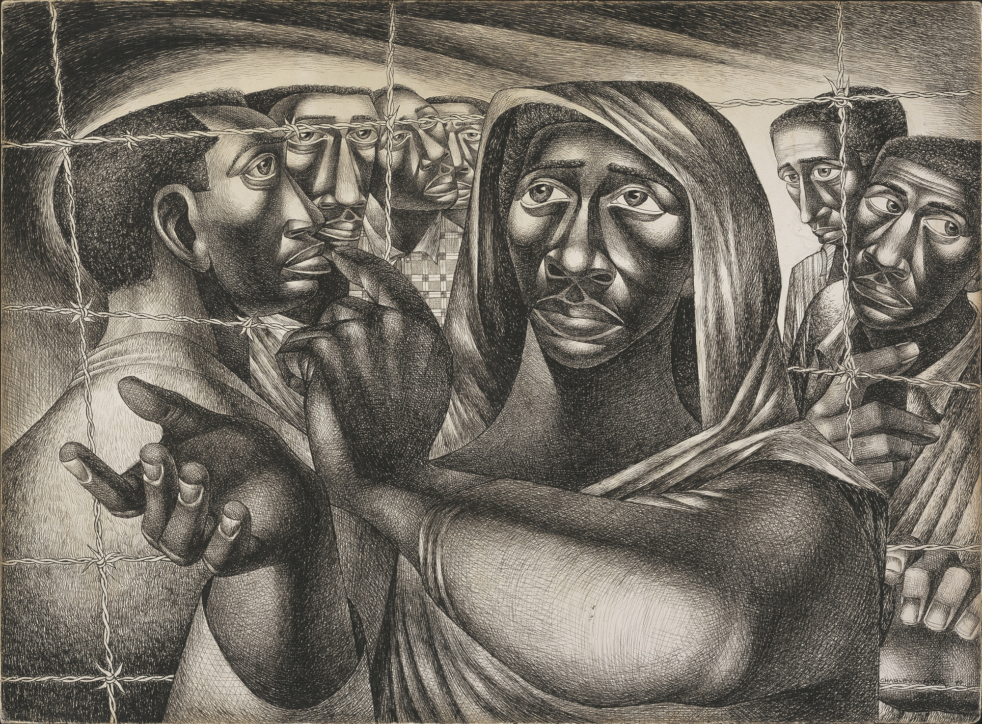 Charles White. _Trenton Six_. 1949. Ink over graphite underdrawing on paperboard. 21 15/16 × 29 7/8" (55.7 × 75.9 cm). Amon Carter Museum of American Art, Fort Worth, TX. © The Charles White Archives