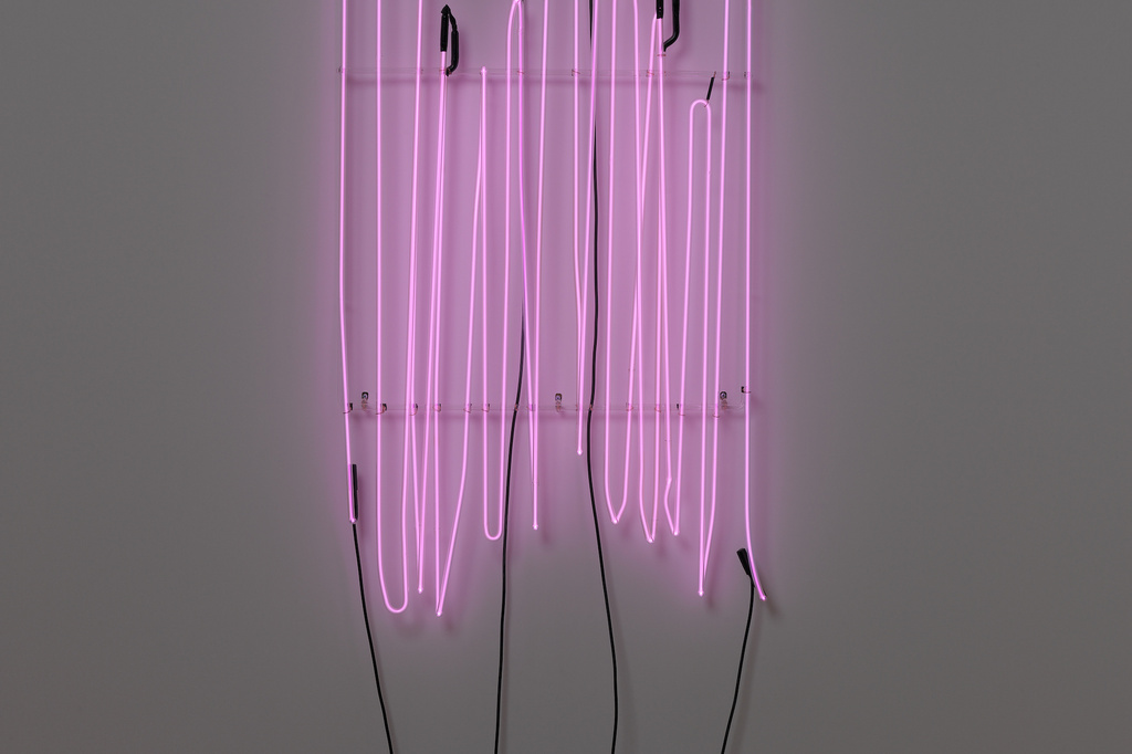 Bruce Nauman. My Last Name Exaggerated Fourteen Times Vertically. 1967. Neon tubing with clear-glass-tubing suspension frame. Glenstone Museum, Potomac, Maryland. © 2018 Bruce Nauman/Artists Rights Society (ARS), New York