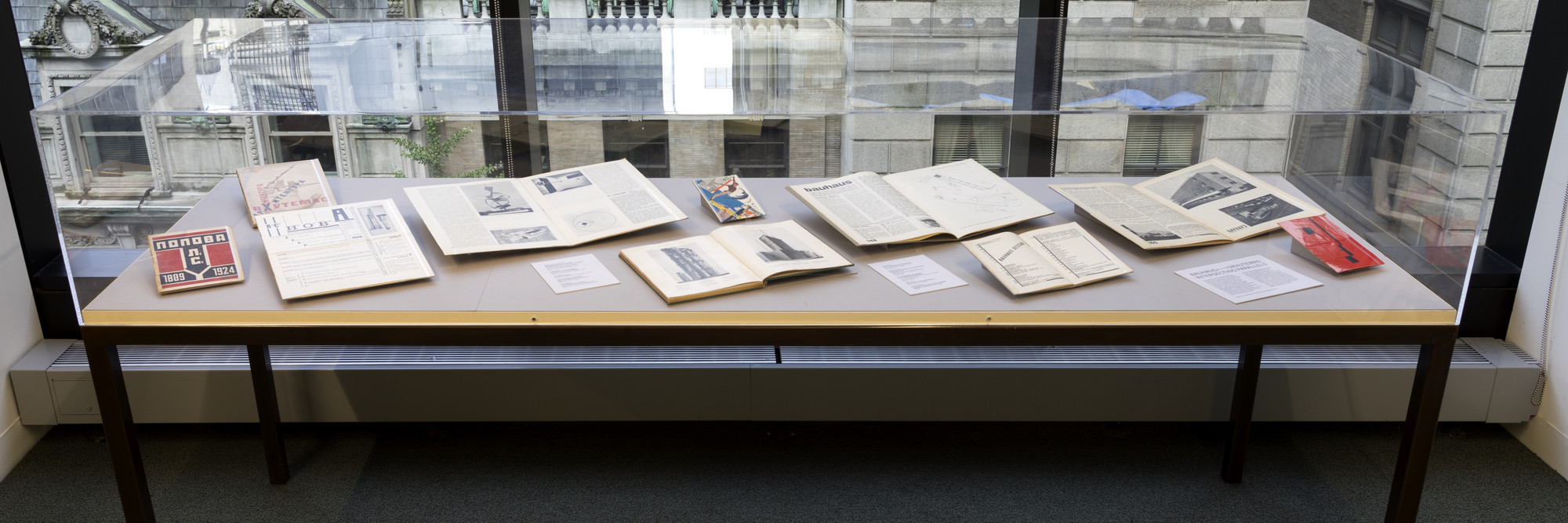 Installation view of BAUHAUS↔VKhUTEMAS: Intersecting Parallels, The Museum of Modern Art Library, September 24–October 26, 2018. The Museum of Modern Art Library. Photo: Robert Gerhardt