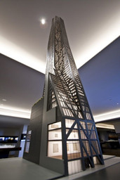 Jean Nouvel. Model of the design for 53 W 53 containing 145 luxury residences and exhibition space on the lower floors. Image courtesy 53 W 53 Sales Gallery
