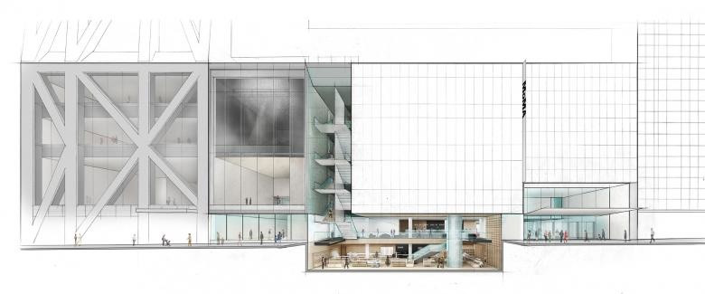 Elevation of The Museum of Modern Art on 53 Street with cutaway view below street level. Image © 2017 Diller Scofidio + Renfro
