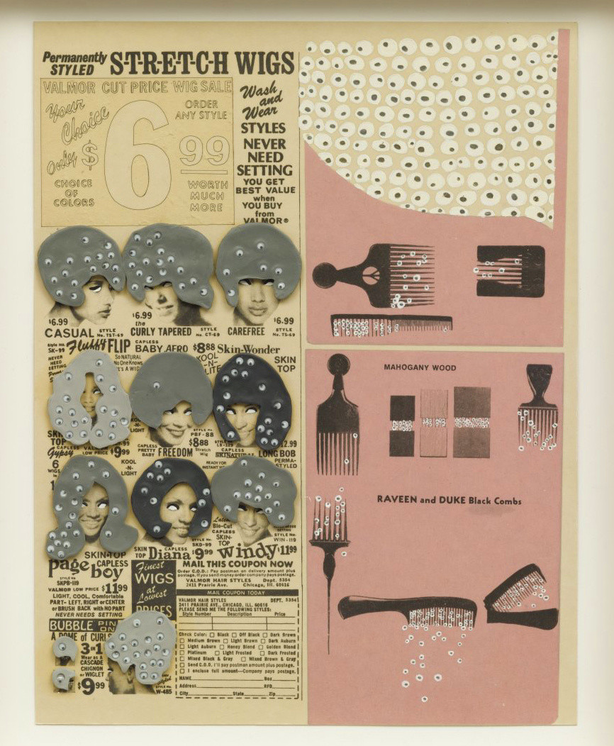 Ellen Gallagher. _Black Combs_ from _DeLuxe_ (detail). 2004–05. Photogravure, chine collé, oil, laser cutting, plasticine, and toy eyeballs, from a portfolio of 60 mixed media works, composition and sheet: 13 x 10" (33 x 25.4 cm). Publisher and printer: Two Palms Press, New York. Edition: 20. Acquired through the generosity of The Friends of Education of The Museum of Modern Art and The Speyer Family Foundation, Inc., with additional support from the General Print Fund. © 2012 Ellen Gallagher and Two Palms Press
