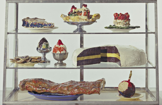 Pastry Case, I Date: 1961-62 Medium: Burlap and muslin soaked in plaster, painted with enamel, metal bowls, and ceramic plates in glass-and-metal case Dimensions: 20 3/4 x 30 1/8 x 14 3/4&#34; (52.7 x 76.5 x 37.3 cm) Credit Line: The Sidney and Harriet Janis Collection MoMA Number: 639.1967.a-dd