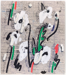 Laura Owens. Untitled. 2013. Flashe paint, synthetic polymer paint, and oil stick on canvas. 11’ 5 3/8” x 9’ 11 7/8” (349.3 x 304.8 cm). The Museum of Modern Art, New York. Enid A. Haupt Fund. Photo: Jonathan Muzikar