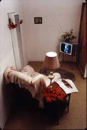 Robert Heinecken. TV/Time Environment. 1970. Functioning television set, film transparency, chair, rug, plastic plant, and related magazine, dimensions variable. Center for Creative Photography, University of Arizona, Tucson. Robert Heinecken Archive. Gift of the artist. © 2014 The Robert Heinecken Trust