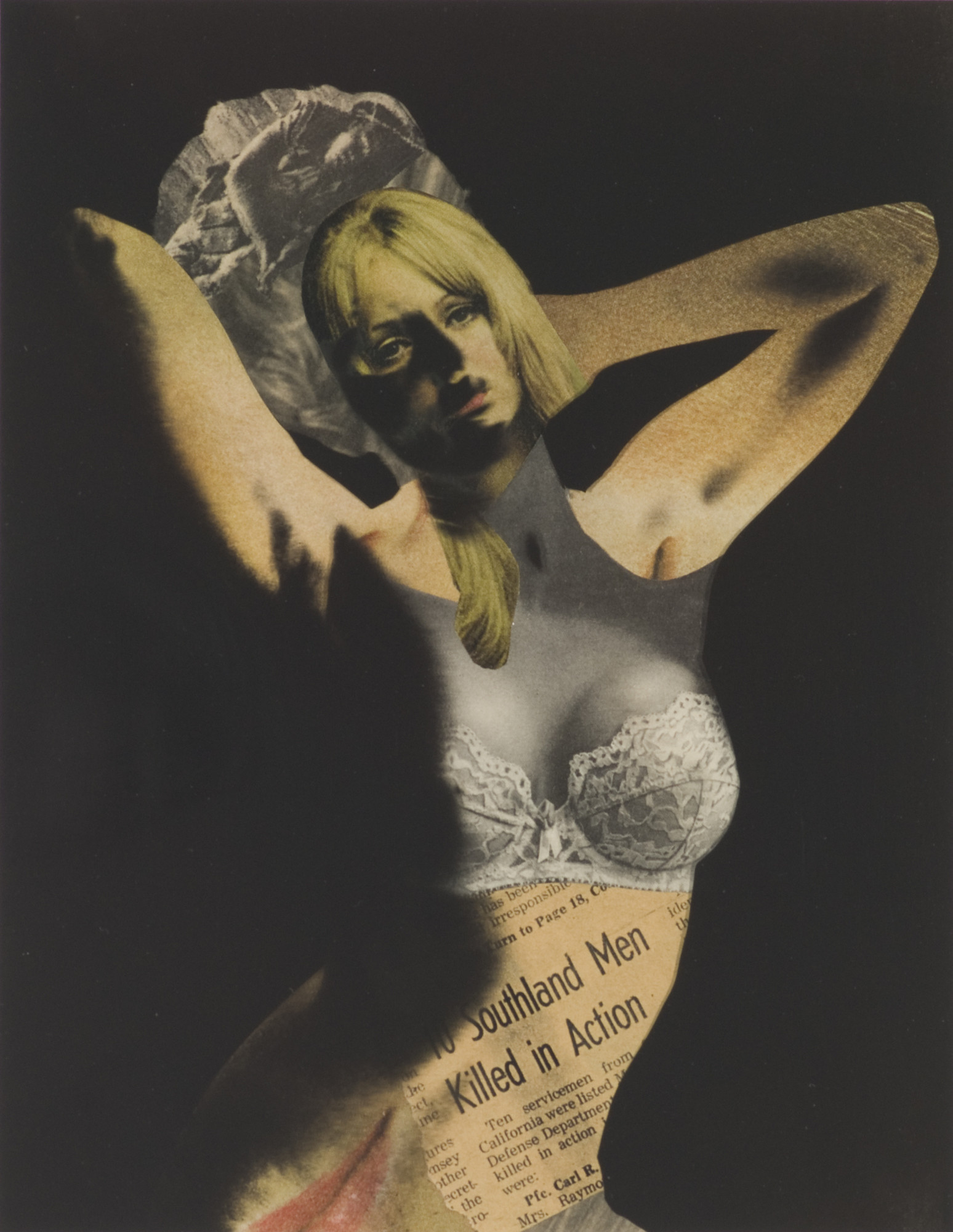 Robert Heinecken. _V.N. Pin Up_. 1968. Black-and-white film transparency over magazine-page collage, 9 × 7″ (22.9 × 17.8 cm). Museum of Contemporary Art, Chicago. Gift of Daryl Gerber Stokols. © 2014 The Robert Heinecken Trust