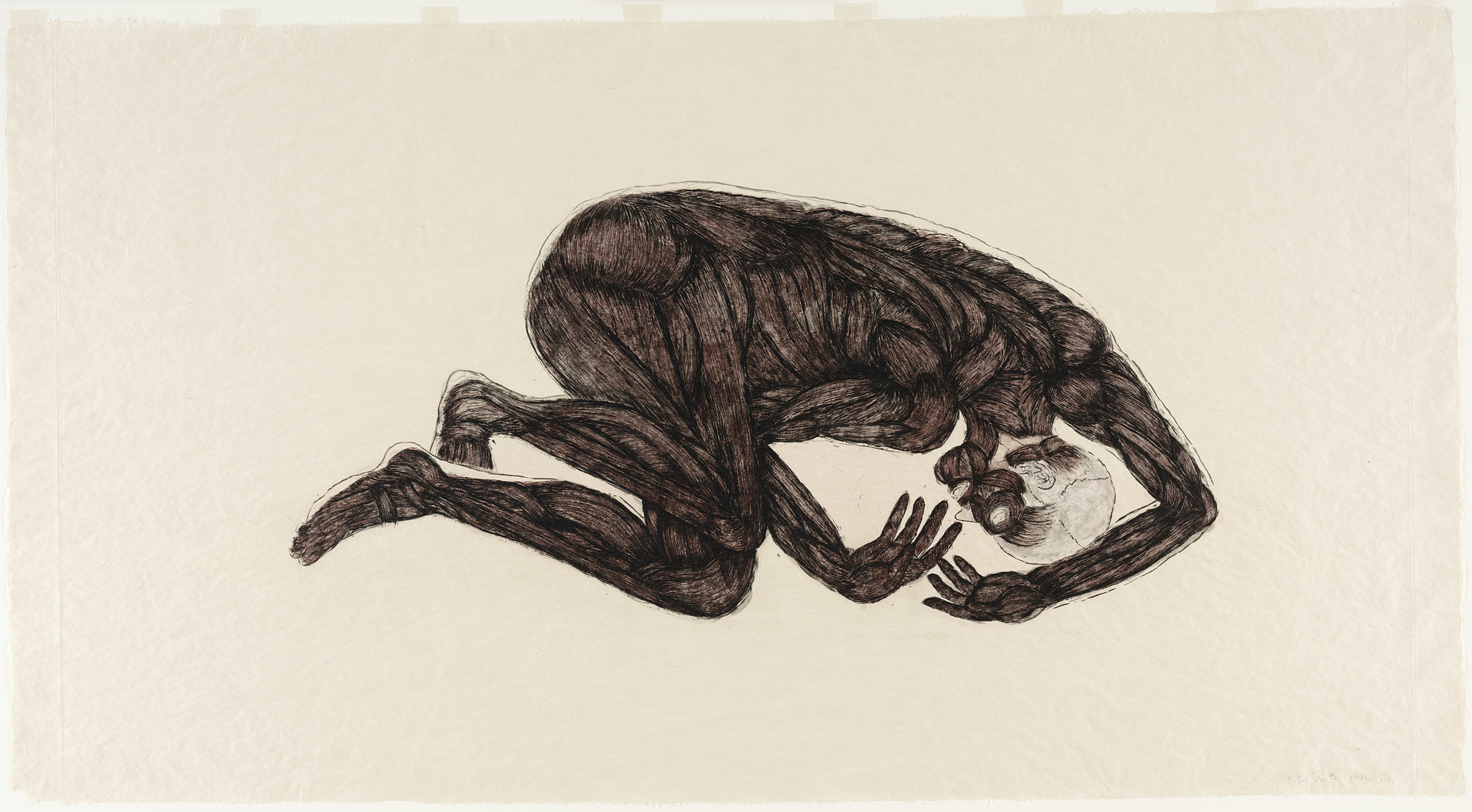 Etching and aquatint on handmade Japanese paper
Composition: 23 7/16 x 49 1/4" (59.6 x 125.1 cm)
Sheet: 41 13/16 x 6' 5 1/16" (106.2 cm x 195.8 cm)
Publisher and Printer: Universal Limited Art Editions, West Islip, New York
Edition: 33
The Museum of Modern Art, New York. Gift of Emily Fisher Landau, 1993
© Kiki Smith