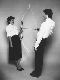 Marina Abramović and Ulay. Rest Energy. Performed in August 1980 for four minutes at ROSC’80, National Gallery of Ireland. Production image (black and white) for 16mm film transferred to video (color, sound). 47 min. © 2010 Marina Abramović. Courtesy Marina Abramović and Sean Kelly Gallery/Artists Rights Society (ARS), New York