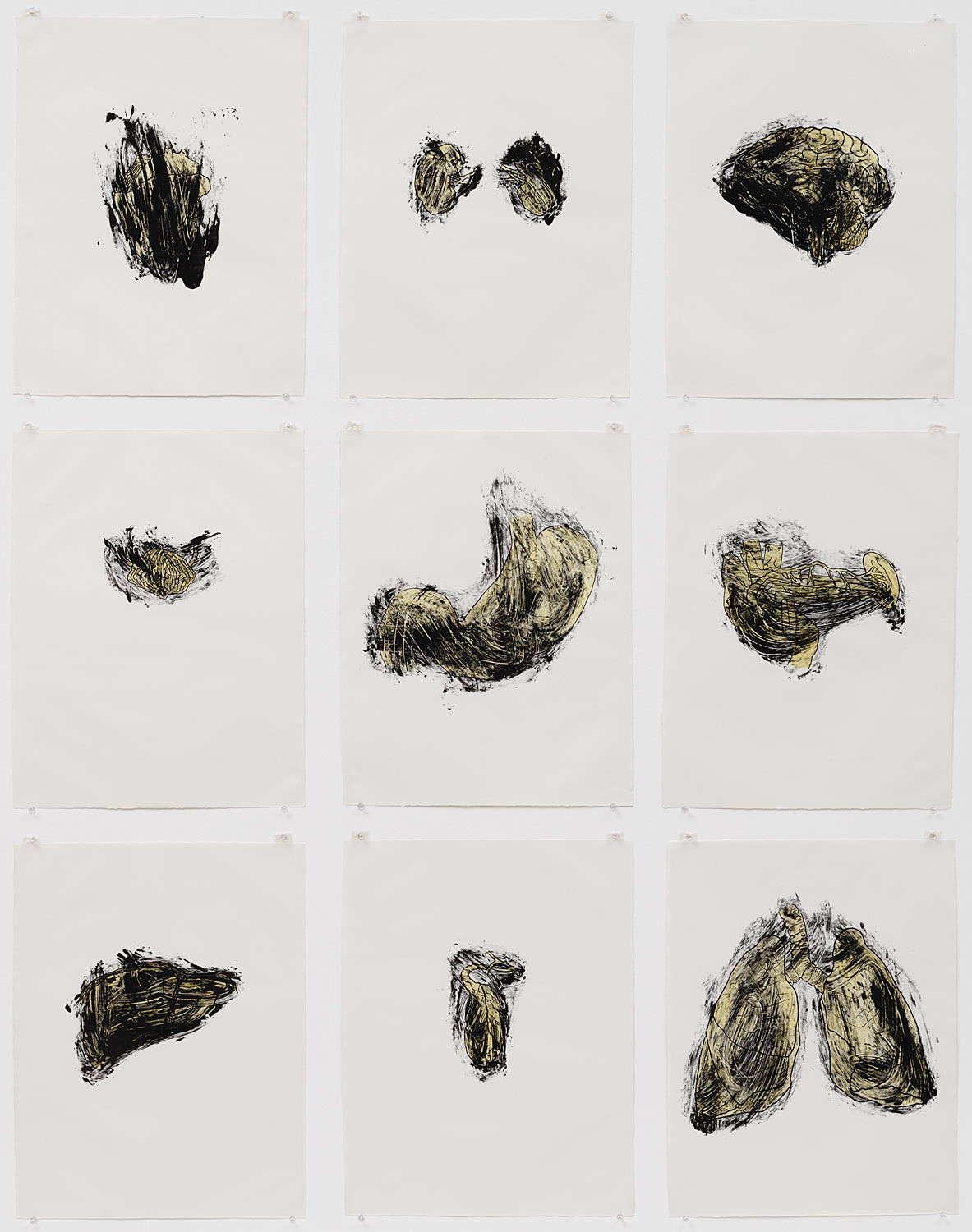 Portfolio of nine screenprint and monotypes with ink additions on mold made T.H Saunders paper
Composition: various dimensions
Sheet: each 21 15/16 x 16 15/16" (55.7 x 43 cm)
Publsiher: Fawbush Editions, New York / Printer: the artist / Edition: 15
The Museum of Modern Art, New York. Richard A Epstein Fund, 1986
©Kiki Smith