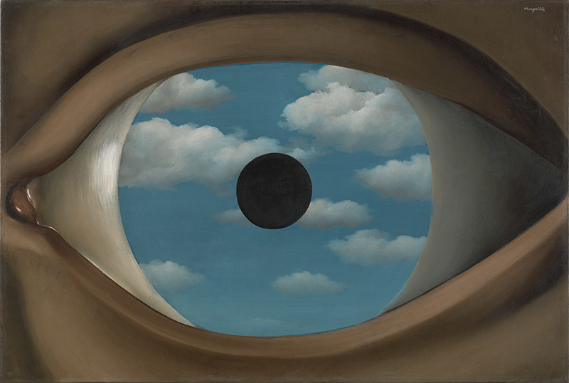 René Magritte. _The False Mirror_. Le Perreux-sur-Marne, 1928. Oil on canvas. 21 1/4 x 31 7/8" (54 x 80.9 cm). Purchase © 2013 C. Herscovici, Brussels / Artists Rights Society (ARS), New York