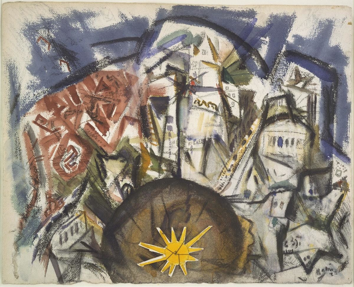 John Marin (American, 1870–1953)
Lower Manhattan (Composing Derived from Top of Woolworth)
1922
Gouache and charcoal with paper cut-out attached with thread on
paper
21 5/8 x 26 7/8" (54.5 x 67.5 cm)
Acquired through the Lillie P. Bliss Bequest
143.1945