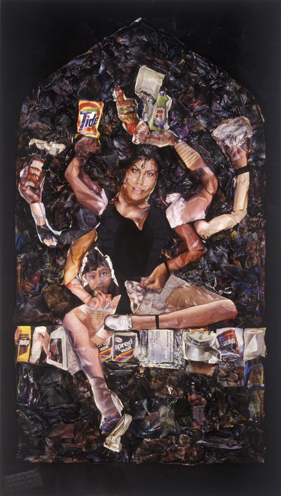 Robert Heinecken. _Shiva Manifesting as a Single Mother_. 1989. Magazine paper, paint, varnish, 7' × 48″ (213.4 × 121.9 cm). Collection Philip F. Denny, Chicago. © 2014 The Robert Heinecken Trust