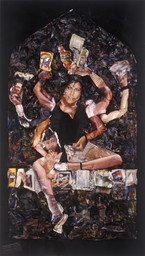Robert Heinecken. Shiva Manifesting as a Single Mother. 1989. Magazine paper, paint, varnish, 7' × 48″ (213.4 × 121.9 cm). Collection Philip F. Denny, Chicago. © 2014 The Robert Heinecken Trust