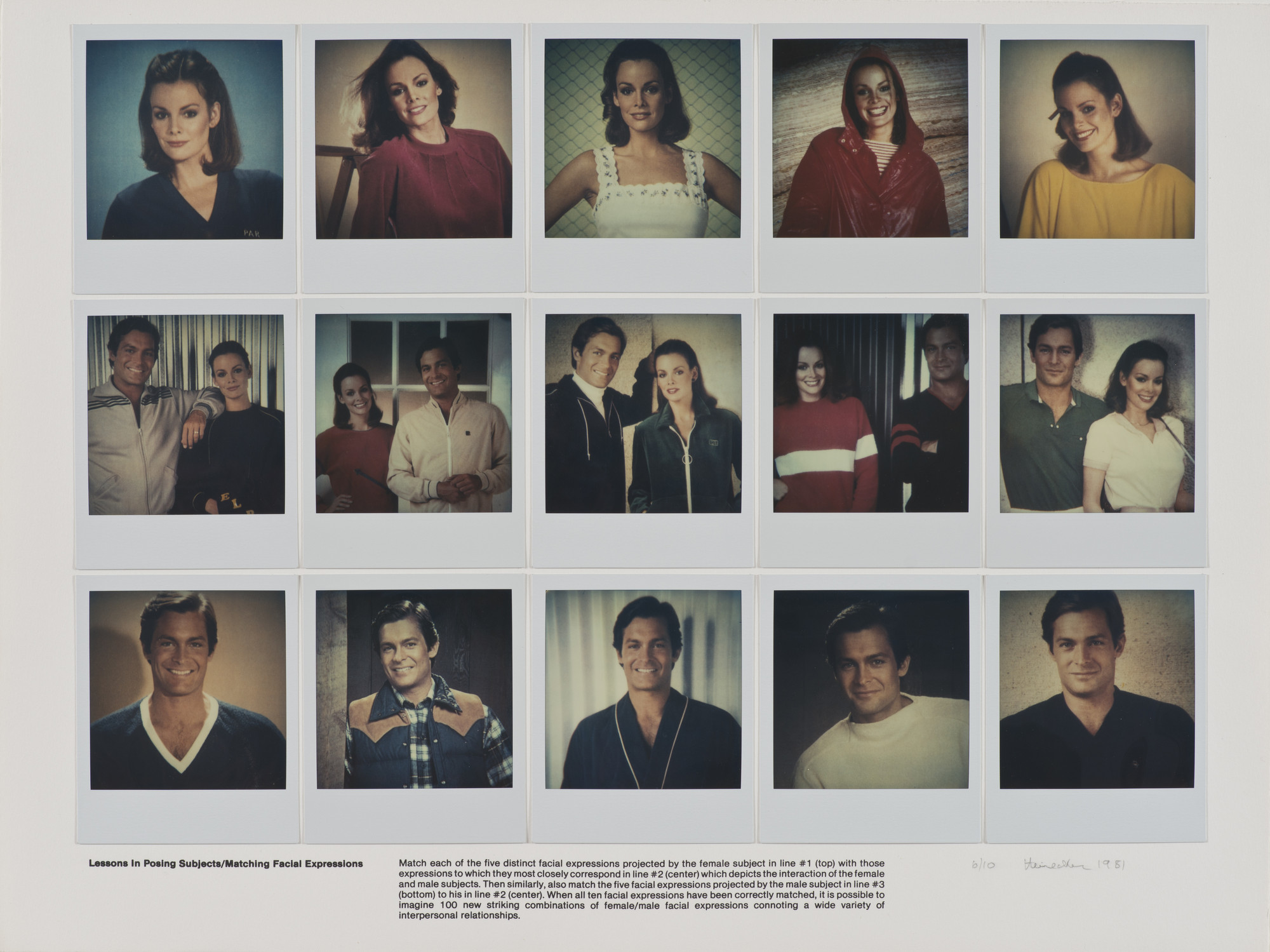 Robert Heinecken. _Lessons in Posing Subjects/Matching Facial Expressions_. 1981. Fifteen internal dye-diffusion transfer prints (SX-70 Polaroid) and lithographic text, mounted on Rives BFK paper, 15 × 20″ (38.1 × 50.8 cm) overall. Collection UCLA Grunwald Center for Graphic Art, Hammer Museum, Los Angeles. Gift of Dean Valentine and Amy Adelson. © 2014 The Robert Heinecken Trust