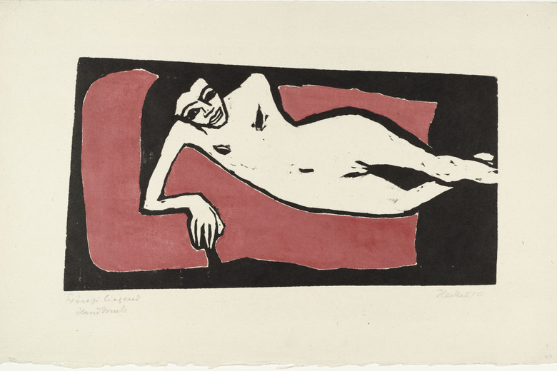 Erich Heckel. Fränzi Reclining (Fränzi liegend). 1910. Woodcut. Composition: 8 15/16 x 16 9/16" (22.6 x 42.1 cm). Publisher: unknown. Printer: probably the artist, Dresden. Edition: unknown. The Museum of Modern Art, New York. Gift of Mr. and Mrs. Otto Gerson. © 2001 Artists Rights Society (ARS), New York/VG Bild-Kunst, Bonn