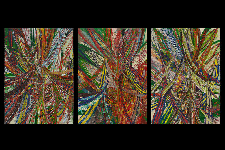 Mark Grotjahn. From left: Untitled (Circus No. 1 Face 44.18). 2012. Oil on cardboard mounted on linen, 8&#39; 5 1/2&#34; × 72 1/2&#34; (257.8 × 184.2 cm). Collection Donald B. Marron, New York. Courtesy Mark Grotjahn. © Mark Grotjahn. Photo: Douglas M. Parker Studio; Untitled (Circus No. 3 Face 44.20). 2013. Oil on cardboard mounted on linen, 8&#39; 5 1/2&#34; × 72 1/2&#34; (257.8 × 184.2 cm). Private collection. Courtesy Mark Grotjahn. © Mark Grotjahn. Photo: Douglas M. Parker Studio; Untitled (Circus No. 6 Face 44.22). 2013. Oil on cardboard mounted on linen, 8&#39; 5 7/8&#34; × 72 3/4&#34; (258.8 × 184.8 cm). Kravis Collection. Courtesy Mark Grotjahn. © Mark Grotjahn. Photo: Douglas M. Parker Studio