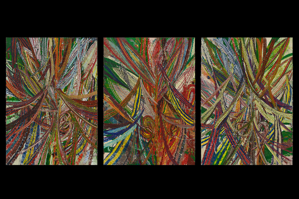 Mark Grotjahn. From left: Untitled (Circus No. 1 Face 44.18). 2012. Oil on cardboard mounted on linen, 8' 5 1/2" × 72 1/2" (257.8 × 184.2 cm). Collection Donald B. Marron, New York. Courtesy Mark Grotjahn. © Mark Grotjahn. Photo: Douglas M. Parker Studio; Untitled (Circus No. 3 Face 44.20). 2013. Oil on cardboard mounted on linen, 8' 5 1/2" × 72 1/2" (257.8 × 184.2 cm). Private collection. Courtesy Mark Grotjahn. © Mark Grotjahn. Photo: Douglas M. Parker Studio; Untitled (Circus No. 6 Face 44.22). 2013. Oil on cardboard mounted on linen, 8' 5 7/8" × 72 3/4" (258.8 × 184.8 cm). Kravis Collection. Courtesy Mark Grotjahn. © Mark Grotjahn. Photo: Douglas M. Parker Studio