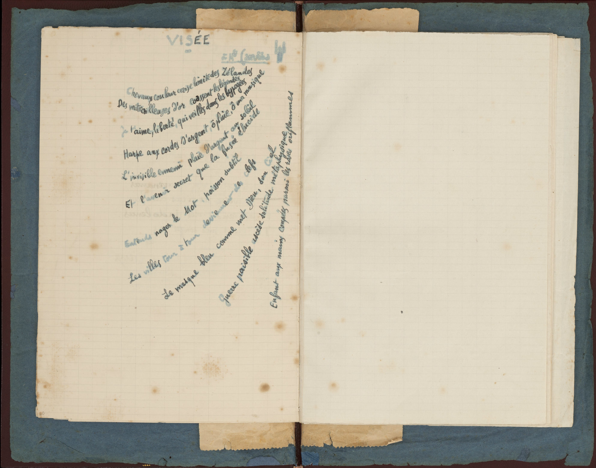 Guillaume Apollinaire, _Case d’Armons (Artillery-carriage compartment for personal effects)_, 1915  
 Book with twenty-one poems reproduced through a gelatin plate process with pasted printed matter and ink on graph paper  
 Publisher: the artist with the assistance of Sergeants Bodard and Berthier, France  
 Edition: 25 (few known copies). This copy contains Apollinaire’s hand-written dedication to his fiancée, Madeleine Pagès  
 Jean Bonna Library, Geneva