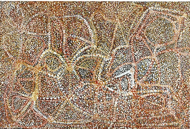 Emily Kam Kngwarray. _Anaty (Wild Potato)_, 1989 and _Ankerr (Emu)_, 1990
