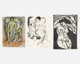 Ernst Ludwig Kirchner. Standing Nude in Front of Tent (Stehender Akt vor dem Zelt). c. 1912–14
Ernst Ludwig Kirchner. Naked Girls in the Studio (Nackte Mädchen im Atelier). 1911
Ernst Ludwig Kirchner. Seated Nude, Fixing Her Hair (Sitzender Akt, die Haare ordnend). 1908