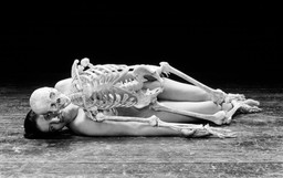 Marina Abramović. Nude with Skeleton. 2002-05. Black-and-white photograph. 50 x 80¼" (125 x 145 cm). © 2010 Marina Abramović. Courtesy the artist and Sean Kelly Gallery/Artists Rights Society (ARS), New York. Reperformed continuously in shifts throughout the exhibition Marina Abramović: The Artist Is Present at MoMA, March 14-May 31, 2010.