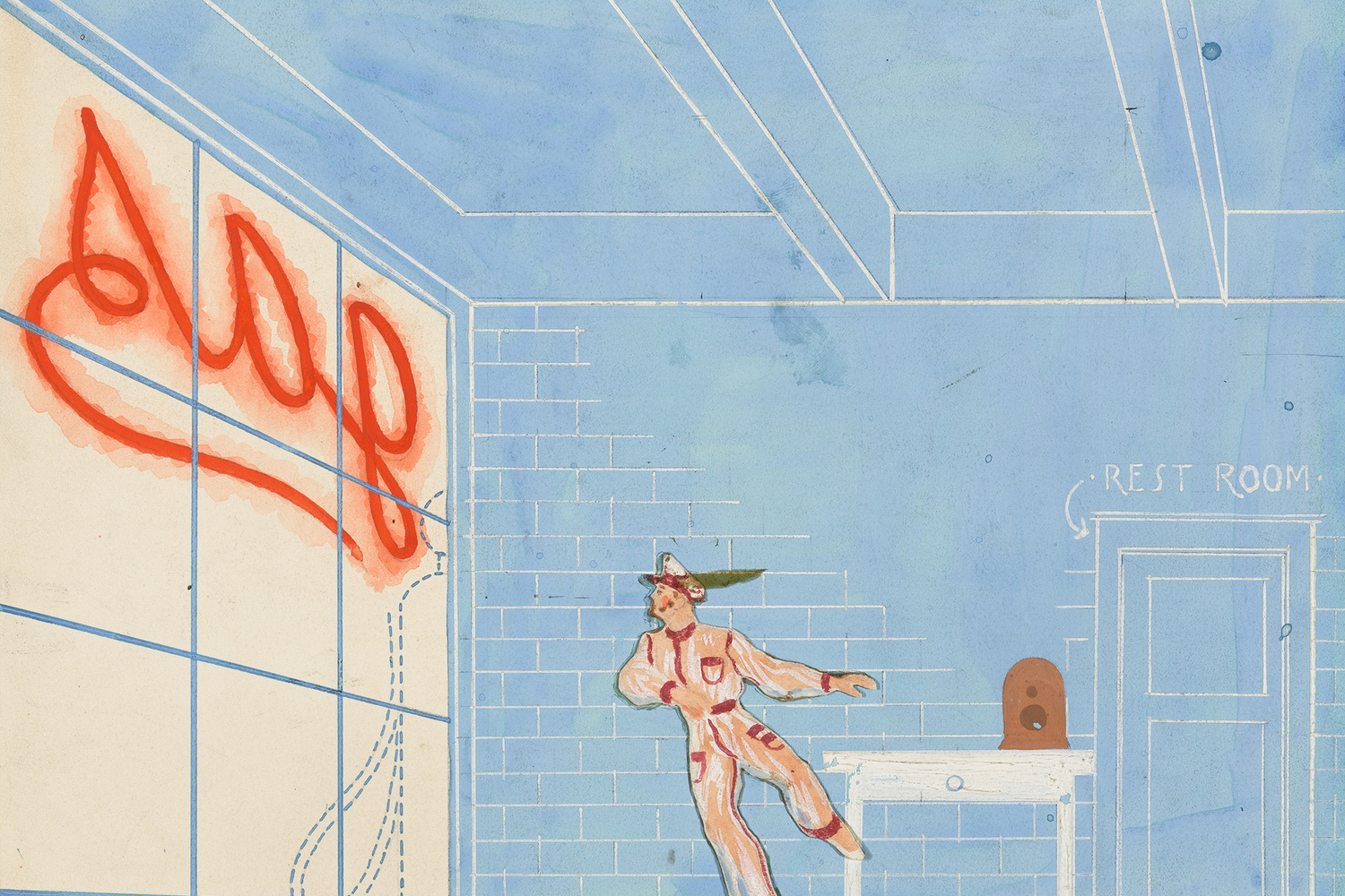 Paul Cadmus. Set design for the ballet Filling Station. 1937. Cut-and-pasted paper, gouache, and pencil on paper, 8 × 10 7/8″ (20.3 × 27.6 cm). The Museum of Modern Art, New York. Gift of Lincoln Kirstein, 1941. © 2018 Estate of Paul Cadmus