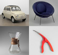 Clockwise, from top left: Dante Giacosa. 500f city car. Designed 1957 (this example 1968). Steel with fabric top, 52 × 52 × 116 7/8" (132.1 × 132.1 × 296.9 cm). Manufacturer: Fiat S.p.A., Turin, Italy. Gift of Fiat Chrysler Automobiles Heritage; Lina Bo Bardi. Poltrona Bowl chair. 1951. Steel and fabric, 21 5/8 × 33 1/16 × 33 1/16" (55 × 84 × 84 cm). Committee on Architecture and Design Funds; Irwin Gershen, Gershen-Newark. Shrimp Cleaner. 1954. Plastic and metal, 8 1/2 x 3 1/4 x 3/4" (21.6 x 8.3 x 1.9 cm). Manufacturer: Plastic Dispensers Inc., Newark, NJ. Department purchase; Peter Schlumbohm. Chemex Coffee Maker. 1941. Pyrex glass, wood, and leather, 9 1/2 x 6 1/8" (24.2 x 15.5 cm). Manufacturer: Chemex Corp., New York, NY. Gift of Lewis &amp; Conger