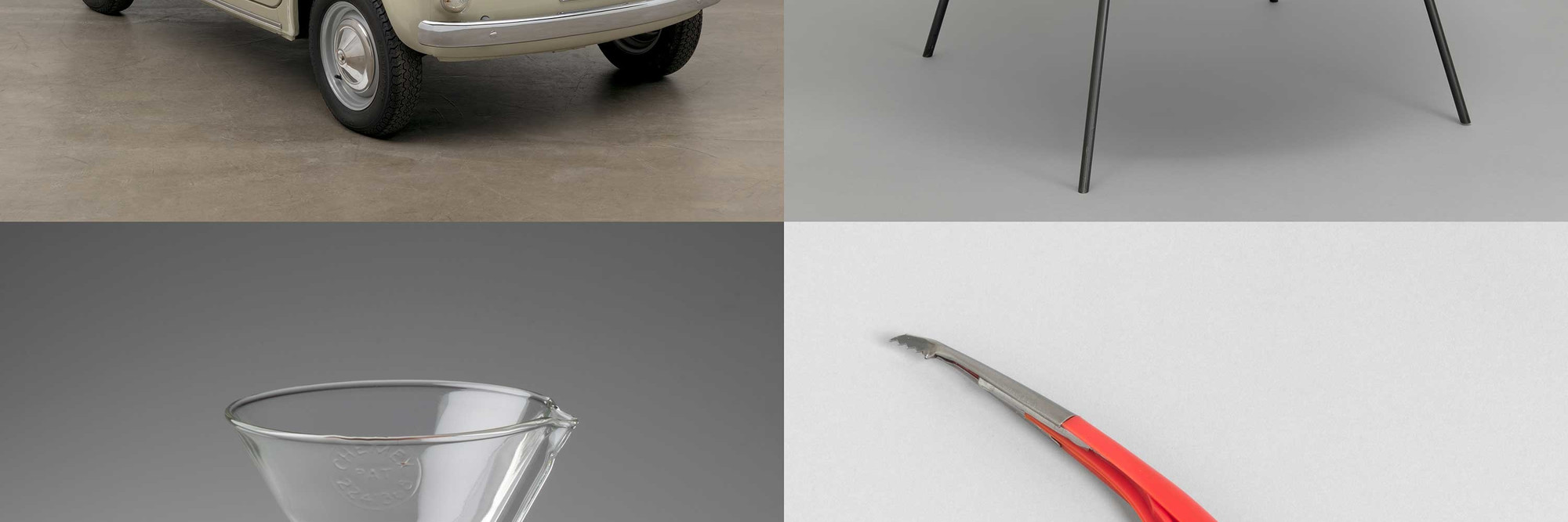 Clockwise, from top left: Dante Giacosa. 500f city car. Designed 1957 (this example 1968). Steel with fabric top, 52 × 52 × 116 7/8&#34; (132.1 × 132.1 × 296.9 cm). Manufacturer: Fiat S.p.A., Turin, Italy. Gift of Fiat Chrysler Automobiles Heritage; Lina Bo Bardi. Poltrona Bowl chair. 1951. Steel and fabric, 21 5/8 × 33 1/16 × 33 1/16&#34; (55 × 84 × 84 cm). Committee on Architecture and Design Funds; Irwin Gershen, Gershen-Newark. Shrimp Cleaner. 1954. Plastic and metal, 8 1/2 x 3 1/4 x 3/4&#34; (21.6 x 8.3 x 1.9 cm). Manufacturer: Plastic Dispensers Inc., Newark, NJ. Department purchase; Peter Schlumbohm. Chemex Coffee Maker. 1941. Pyrex glass, wood, and leather, 9 1/2 x 6 1/8&#34; (24.2 x 15.5 cm). Manufacturer: Chemex Corp., New York, NY. Gift of Lewis &amp; Conger