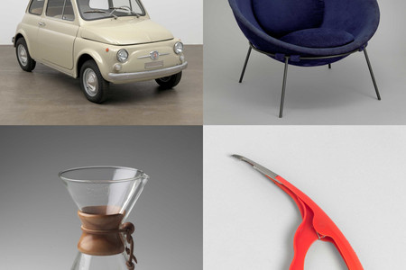 Clockwise, from top left: Dante Giacosa. 500f city car. Designed 1957 (this example 1968). Steel with fabric top, 52 × 52 × 116 7/8&#34; (132.1 × 132.1 × 296.9 cm). Manufacturer: Fiat S.p.A., Turin, Italy. Gift of Fiat Chrysler Automobiles Heritage; Lina Bo Bardi. Poltrona Bowl chair. 1951. Steel and fabric, 21 5/8 × 33 1/16 × 33 1/16&#34; (55 × 84 × 84 cm). Committee on Architecture and Design Funds; Irwin Gershen, Gershen-Newark. Shrimp Cleaner. 1954. Plastic and metal, 8 1/2 x 3 1/4 x 3/4&#34; (21.6 x 8.3 x 1.9 cm). Manufacturer: Plastic Dispensers Inc., Newark, NJ. Department purchase; Peter Schlumbohm. Chemex Coffee Maker. 1941. Pyrex glass, wood, and leather, 9 1/2 x 6 1/8&#34; (24.2 x 15.5 cm). Manufacturer: Chemex Corp., New York, NY. Gift of Lewis &amp; Conger