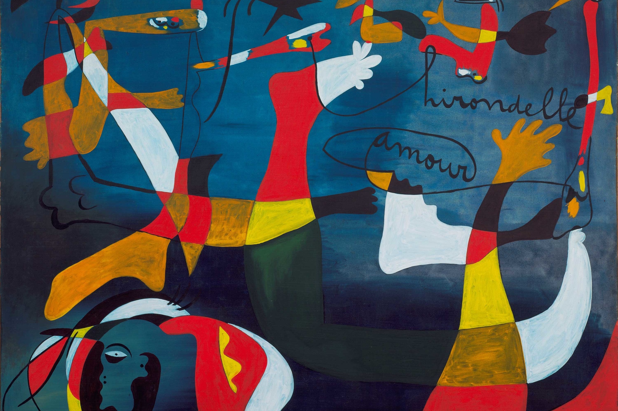 Joan Miró. “Hirondelle Amour”. 1933–34. Oil on canvas, 6' 6 1/2" x 8' 1 1/2" (199.3 x 247.6 cm). Gift of Nelson A. Rockefeller. © 2018 Successió Miró/Artists Rights Society (ARS), New York/ADAGP, Paris