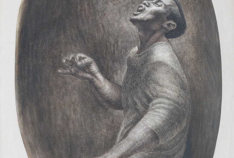Charles White. Folksinger. 1957. Ink on board, 52 × 34″ (132.1 × 86.4 cm). Collection Pamela and Harry Belafonte. © 1957 The Charles White Archives. Photo: Christopher Burke Studios